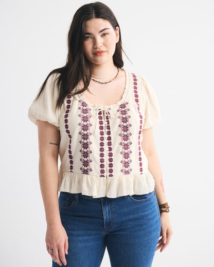 Abercrombie Embroidered Peplum Puff Sleeve Top