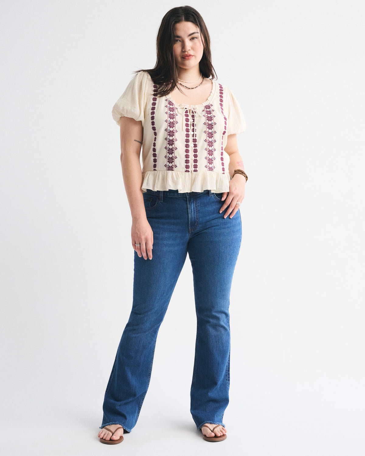 Abercrombie Embroidered Peplum Puff Sleeve Top