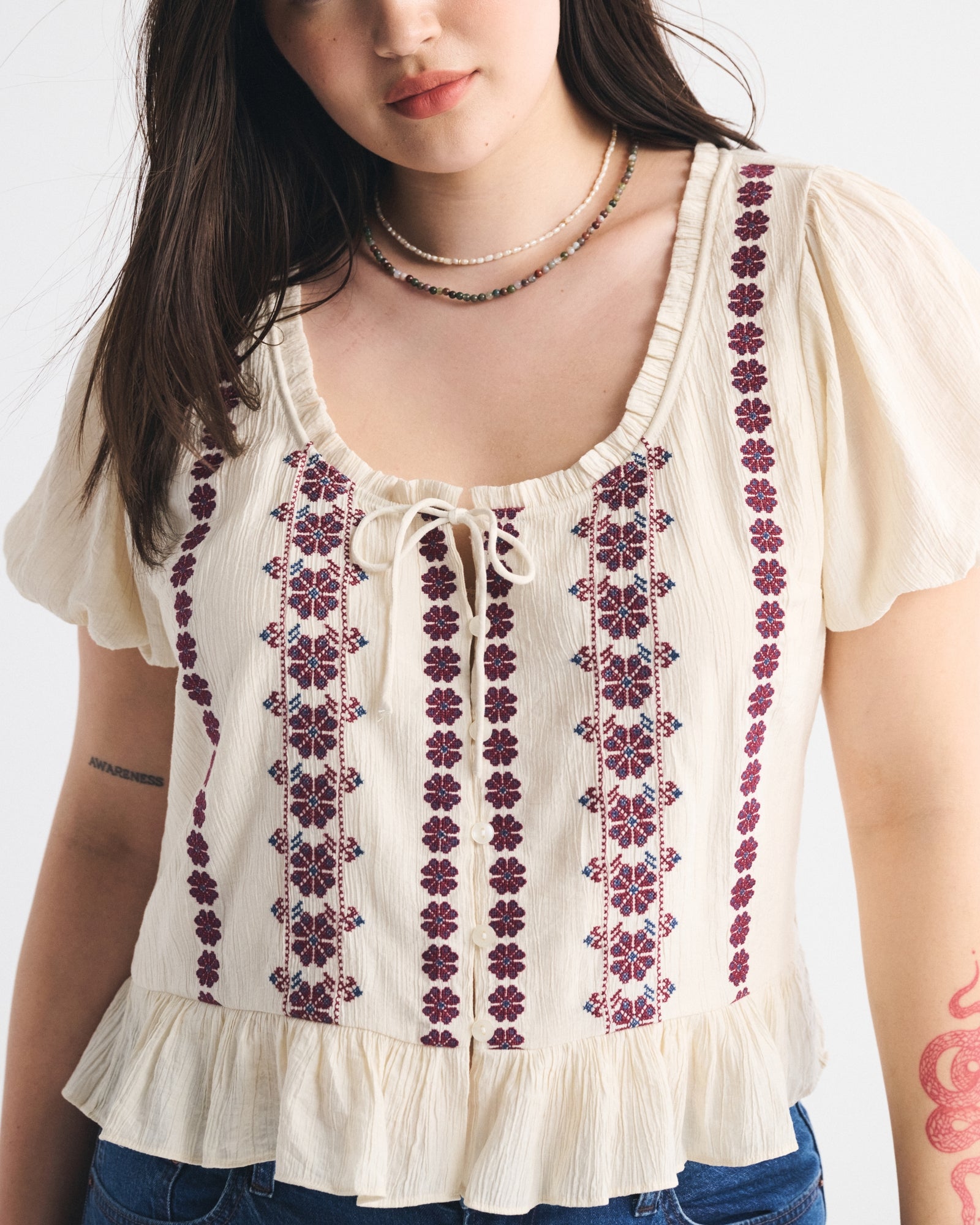 Abercrombie Embroidered Peplum Puff Sleeve Top