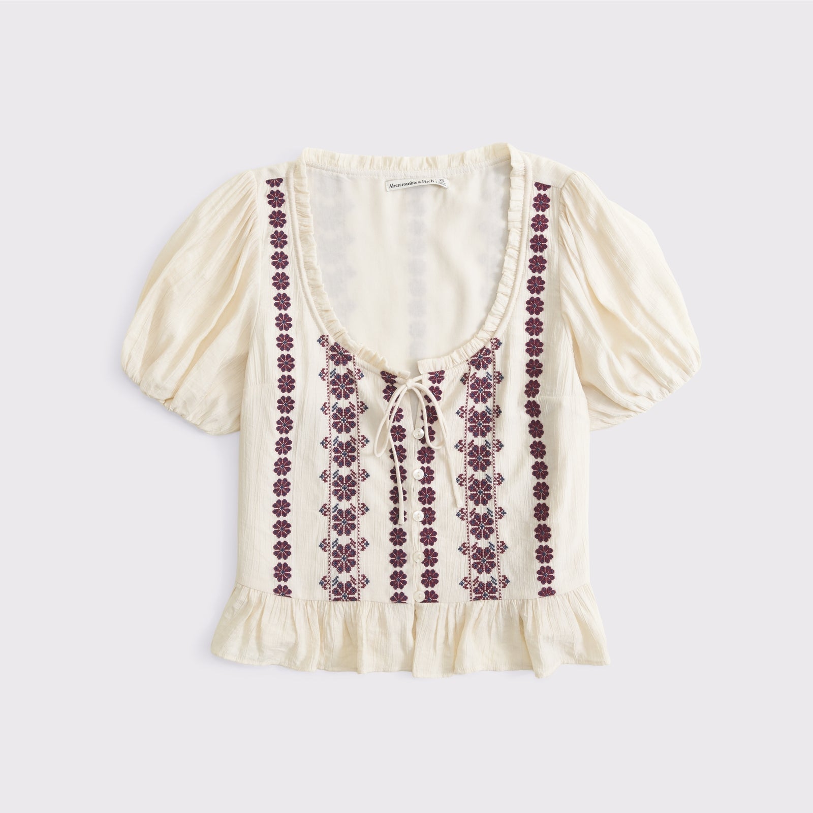 Abercrombie Embroidered Peplum Puff Sleeve Top