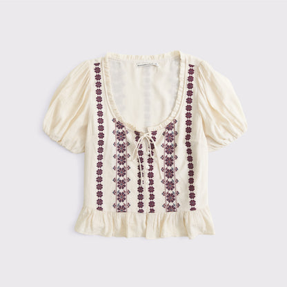 Abercrombie Embroidered Peplum Puff Sleeve Top