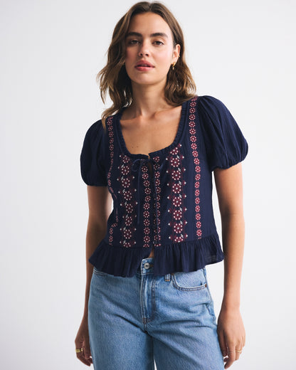 Abercrombie Embroidered Peplum Puff Sleeve Top