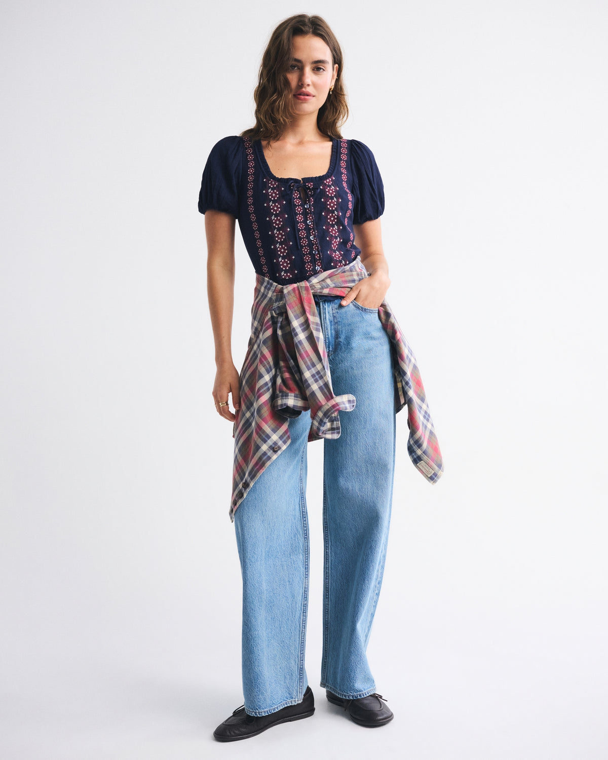Abercrombie Embroidered Peplum Puff Sleeve Top