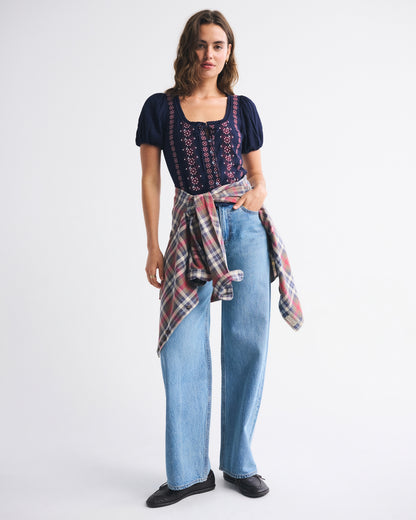 Abercrombie Embroidered Peplum Puff Sleeve Top
