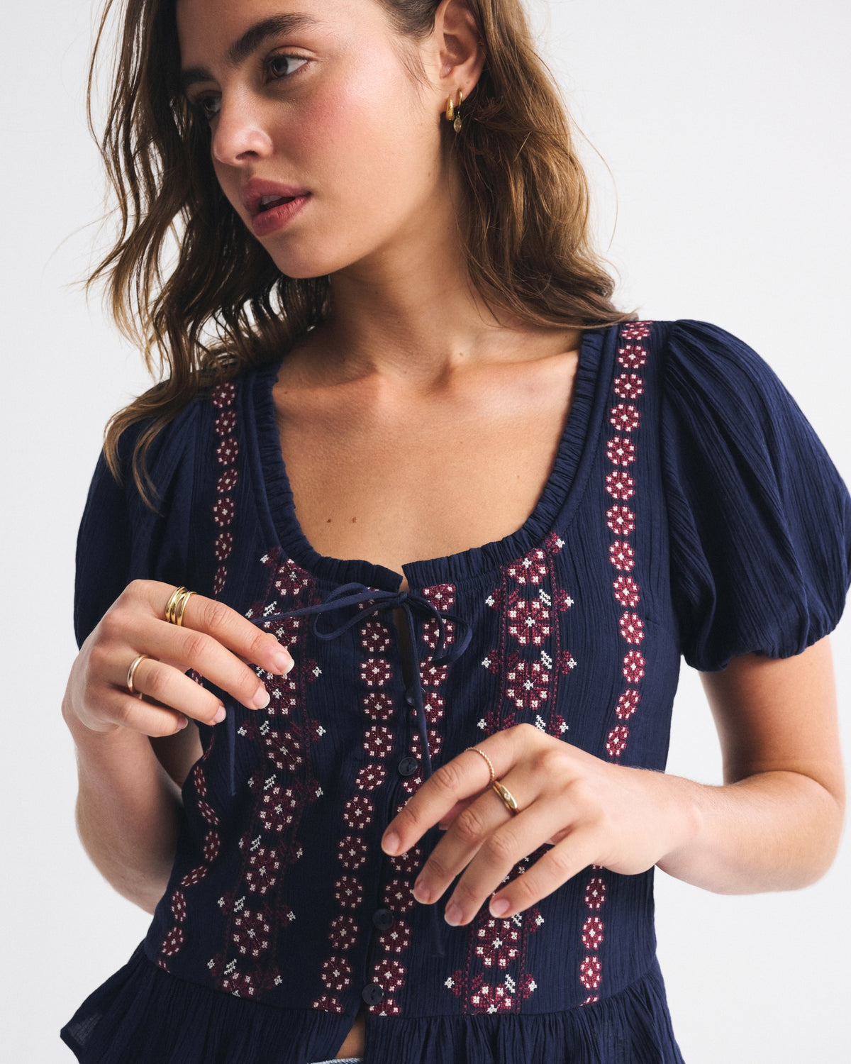 Abercrombie Embroidered Peplum Puff Sleeve Top