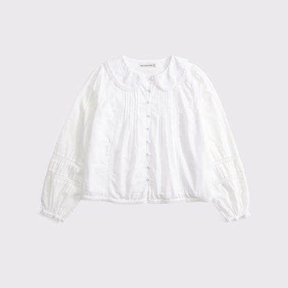 Abercrombie 100% Cotton Long-Sleeve Lace-Trim Collared  Blouse