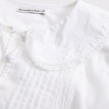 Abercrombie 100% Cotton Long-Sleeve Lace-Trim Collared  Blouse