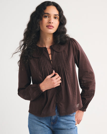 Abercrombie 100% Cotton Long-Sleeve Lace-Trim Collared  Blouse