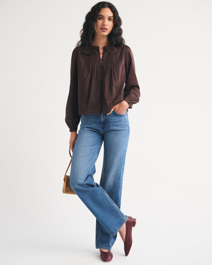 Abercrombie 100% Cotton Long-Sleeve Lace-Trim Collared  Blouse