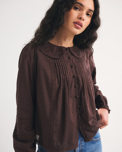 Abercrombie 100% Cotton Long-Sleeve Lace-Trim Collared  Blouse