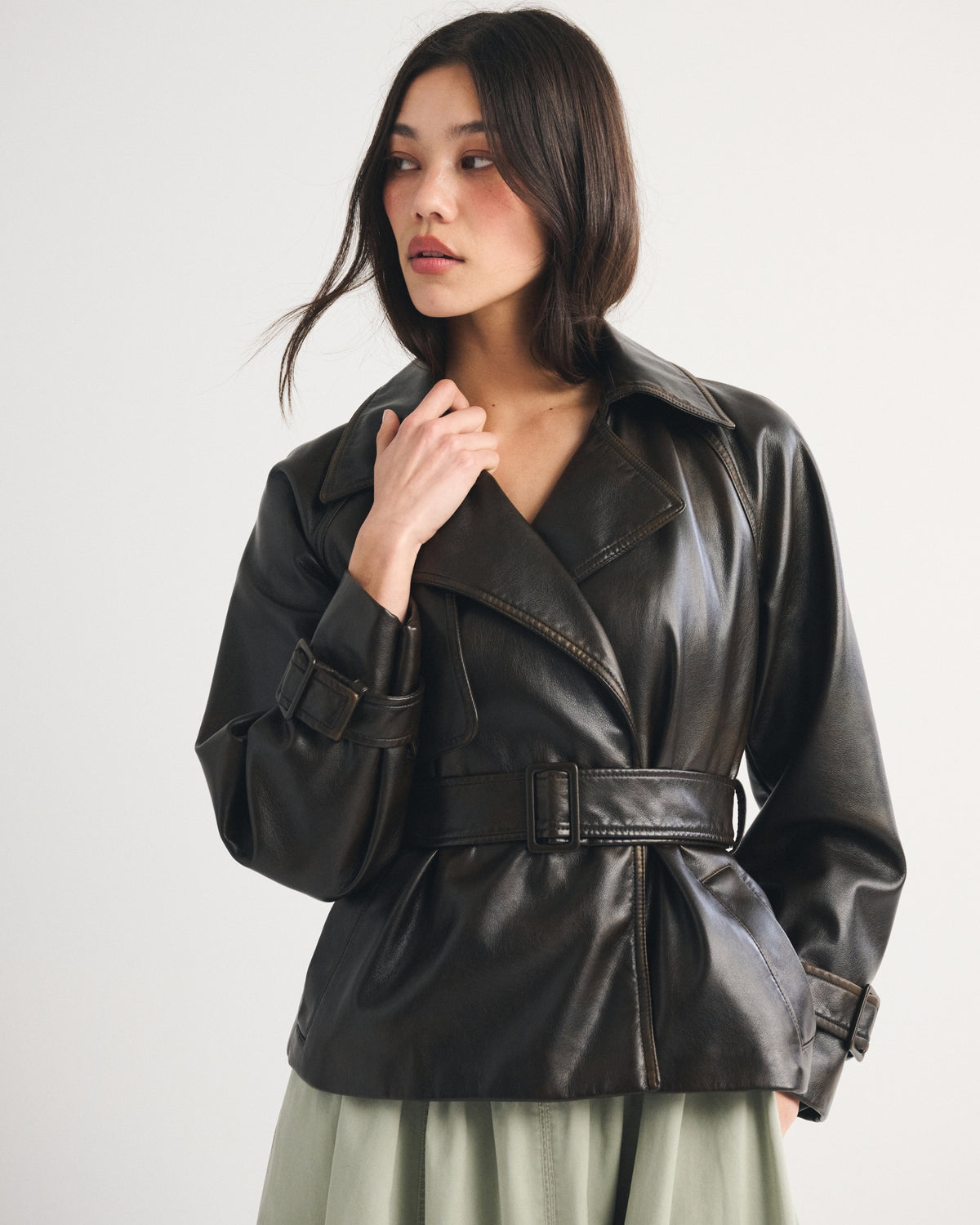 Abercrombie Short Belted Vegan Leather Trench Coat