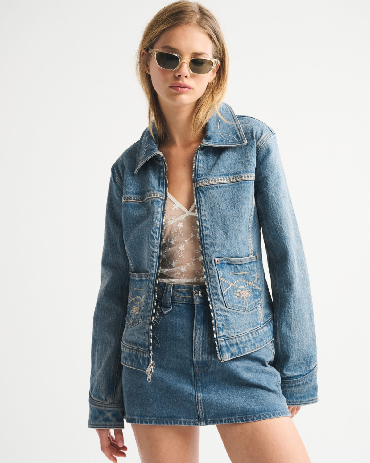 Abercrombie Embroidered Denim Zip-Up Jacket