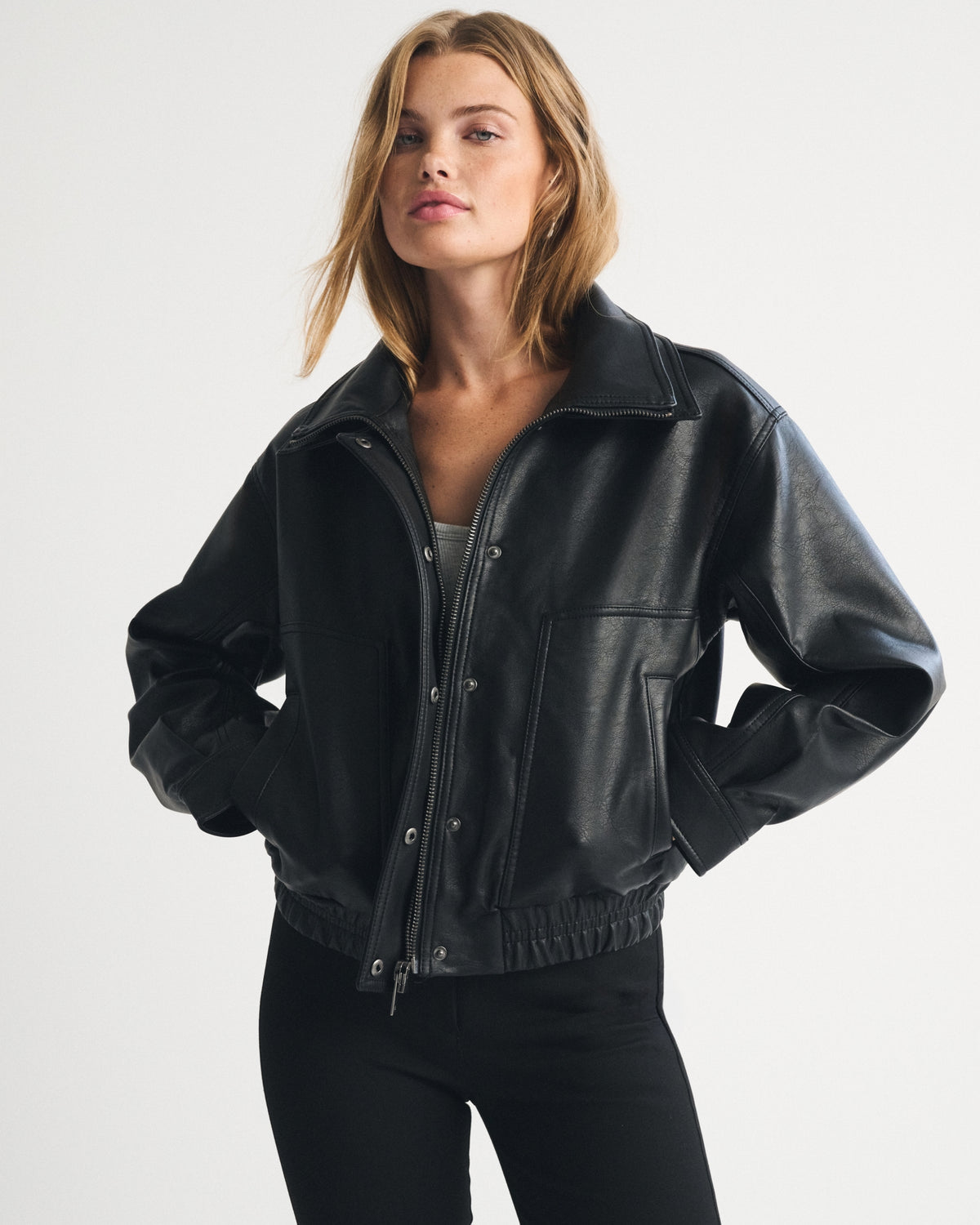 Abercrombie Funnel Neck Vegan Leather Bomber Jacket