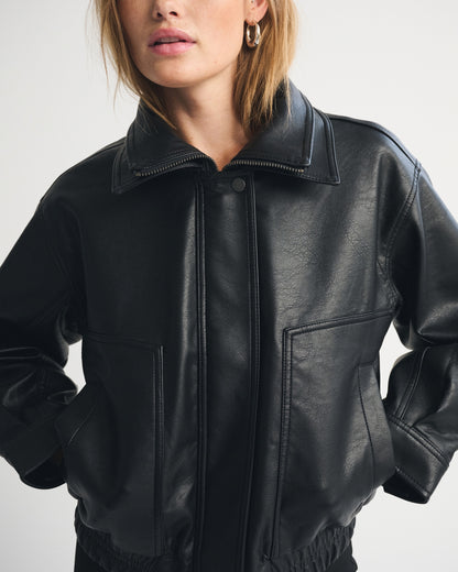 Abercrombie Funnel Neck Vegan Leather Bomber Jacket