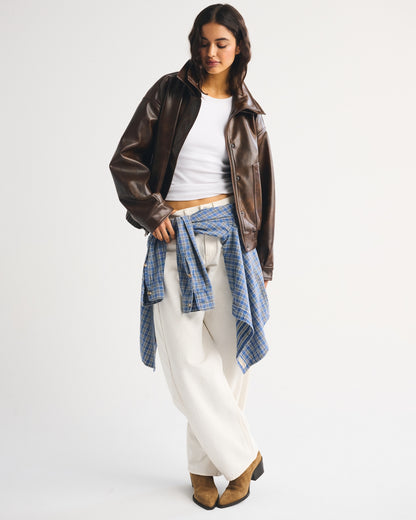 Abercrombie Funnel Neck Vegan Leather Bomber Jacket