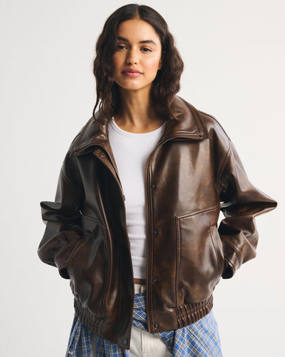 Abercrombie Funnel Neck Vegan Leather Bomber Jacket