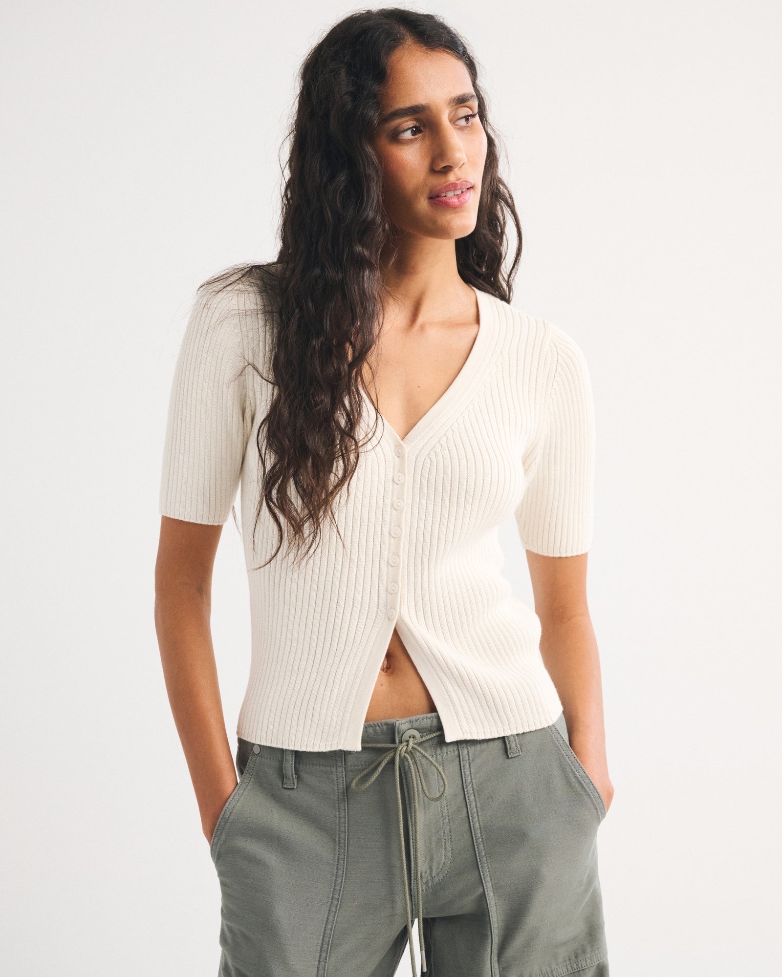 Abercrombie 100% Cotton Rib Half-Sleeve Cardigan