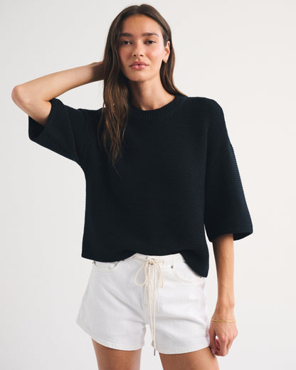 Abercrombie 100% Cotton Textural-Stitch Boxy Sweater Tee