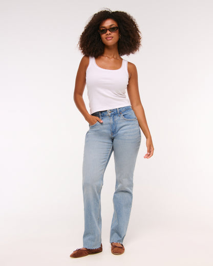 Abercrombie Curve Love Mid Rise 90s Straight Frayed Hem Jean