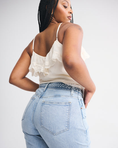 Abercrombie Curve Love Mid Rise Bootcut Frayed Hem Jean