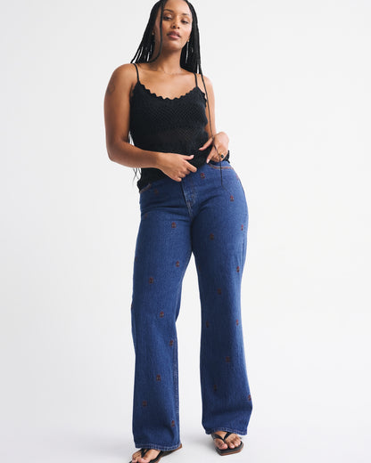 Abercrombie Curve Love High Rise 90s Relaxed Floral Embroidered Jean