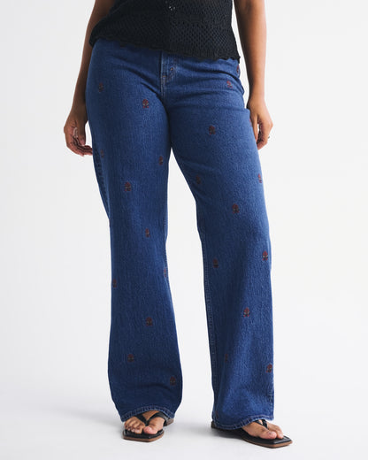 Abercrombie Curve Love High Rise 90s Relaxed Floral Embroidered Jean
