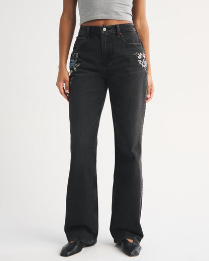 Abercrombie Curve Love High Rise 90s Relaxed Floral Embroidered Jean
