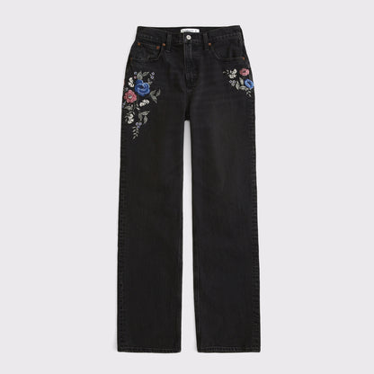 Abercrombie Curve Love High Rise 90s Relaxed Floral Embroidered Jean