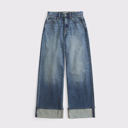 Abercrombie Curve Love High Rise Wide Leg Fish Embroidered Jean