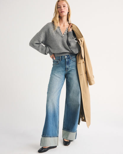 Abercrombie High Rise Wide Leg Fish Embroidered Jean
