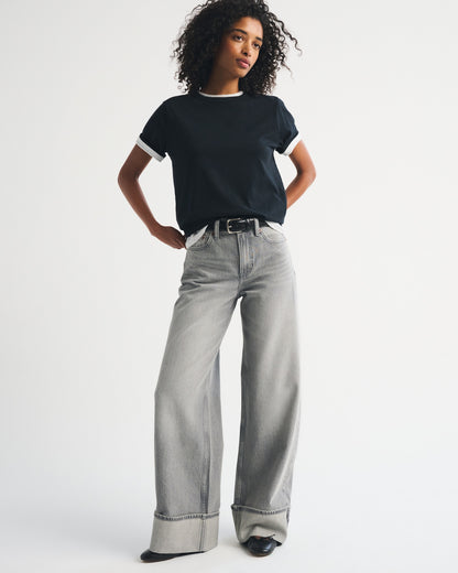 Abercrombie High Rise Wide Leg Fish Embroidered Jean