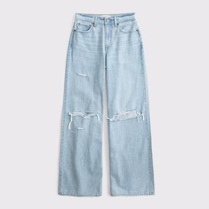 Abercrombie Curve Love High Rise Wide Leg Fish Embroidered Jean