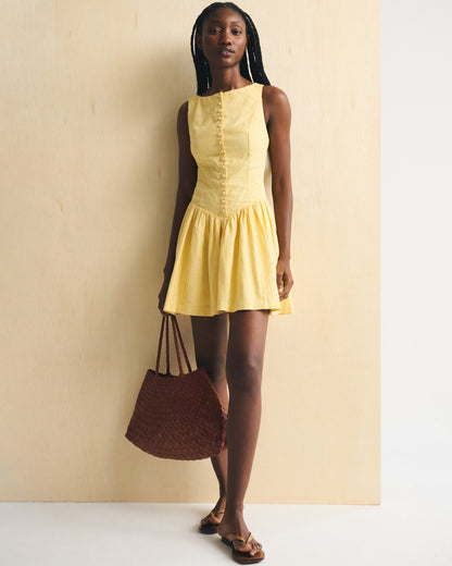 Abercrombie Linen-Cotton Blend High Neck Button-Embellished Mini Dress