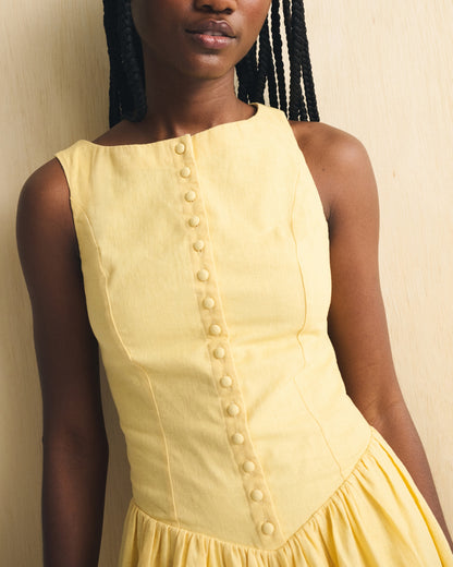 Abercrombie Linen-Cotton Blend High Neck Button-Embellished Mini Dress