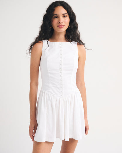 Abercrombie Linen-Cotton Blend High Neck Button-Embellished Mini Dress