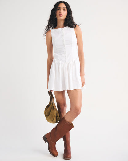 Abercrombie Linen-Cotton Blend High Neck Button-Embellished Mini Dress