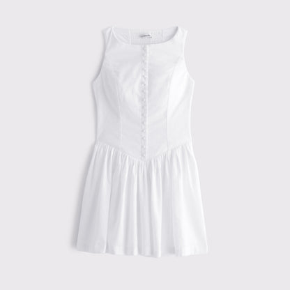 Abercrombie Linen-Cotton Blend High Neck Button-Embellished Mini Dress