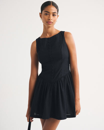 Abercrombie Linen-Cotton Blend High Neck Button-Embellished Mini Dress