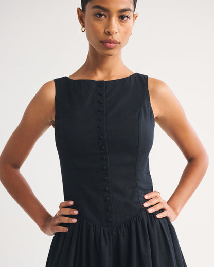 Abercrombie Linen-Cotton Blend High Neck Button-Embellished Mini Dress