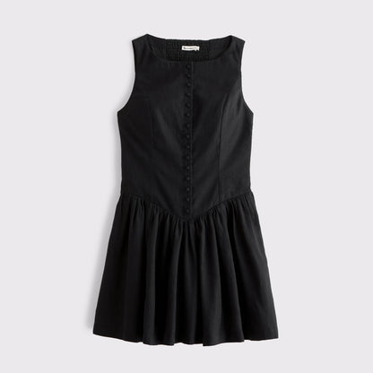 Abercrombie Linen-Cotton Blend High Neck Button-Embellished Mini Dress