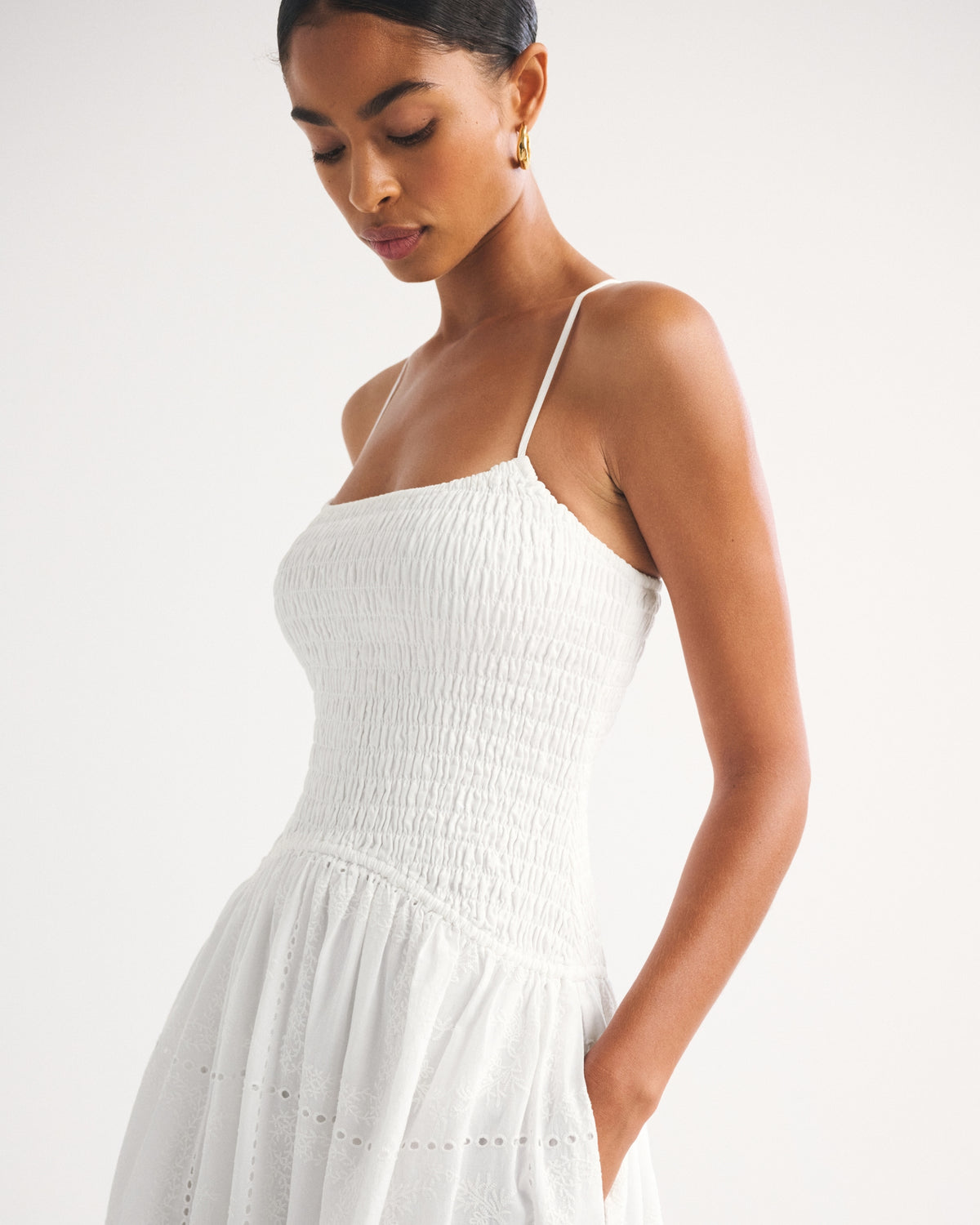 Abercrombie 100% Cotton Smocked Eyelet Drop-Waist Midi Dress