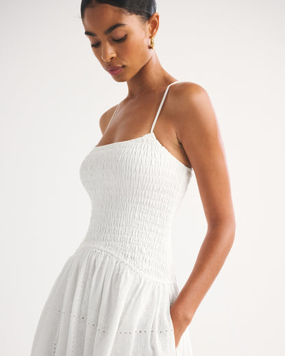 Abercrombie 100% Cotton Smocked Eyelet Drop-Waist Midi Dress