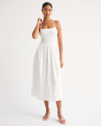 Abercrombie 100% Cotton Smocked Eyelet Drop-Waist Midi Dress