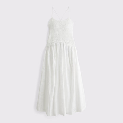 Abercrombie 100% Cotton Smocked Eyelet Drop-Waist Midi Dress