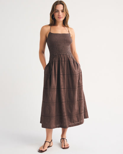 Abercrombie 100% Cotton Smocked Eyelet Drop-Waist Midi Dress