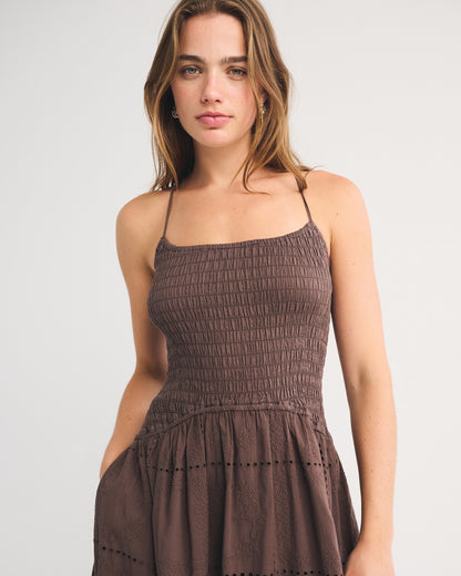 Abercrombie 100% Cotton Smocked Eyelet Drop-Waist Midi Dress