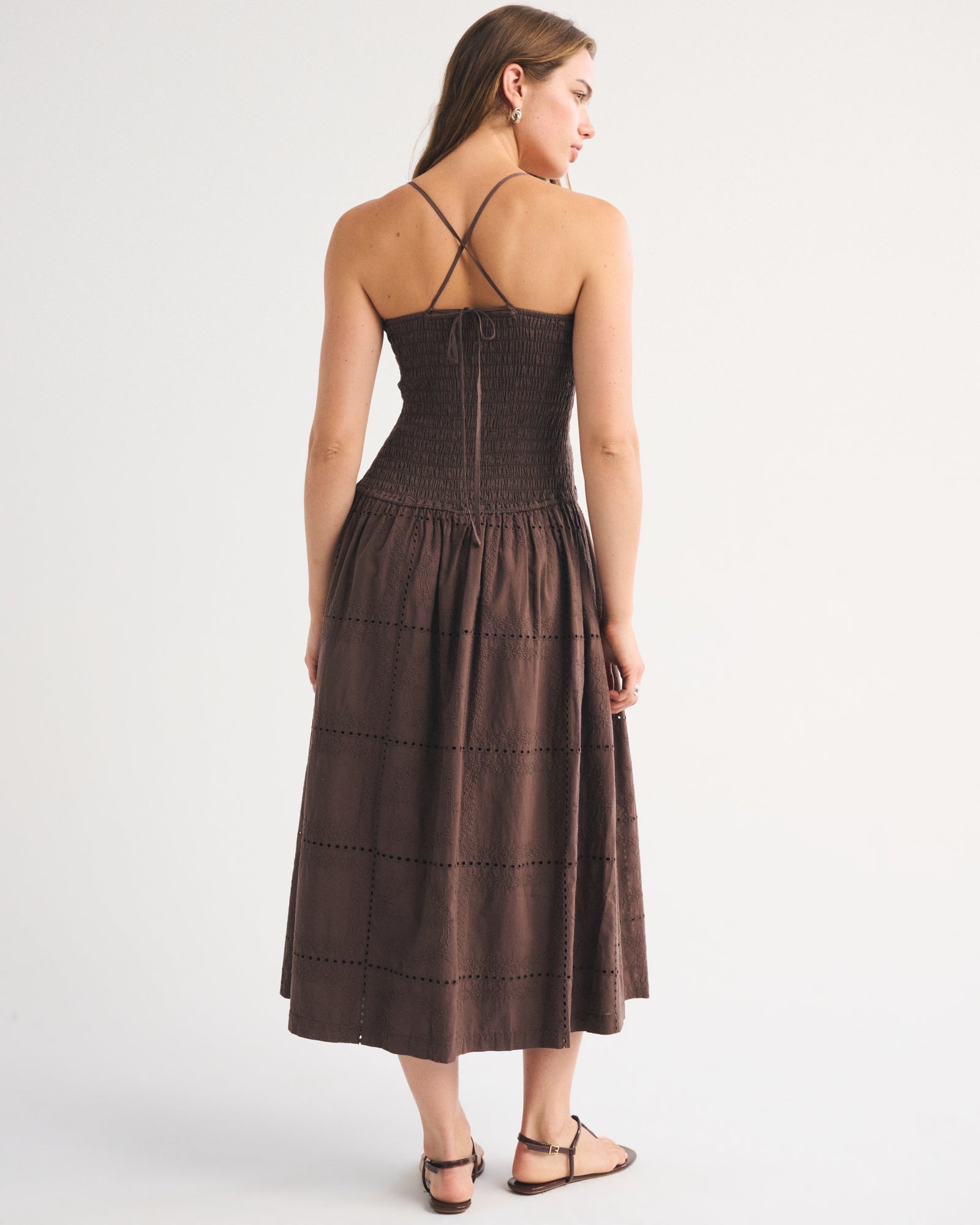 Abercrombie 100% Cotton Smocked Eyelet Drop-Waist Midi Dress