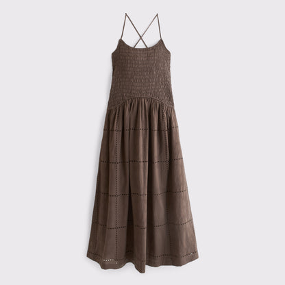 Abercrombie 100% Cotton Smocked Eyelet Drop-Waist Midi Dress