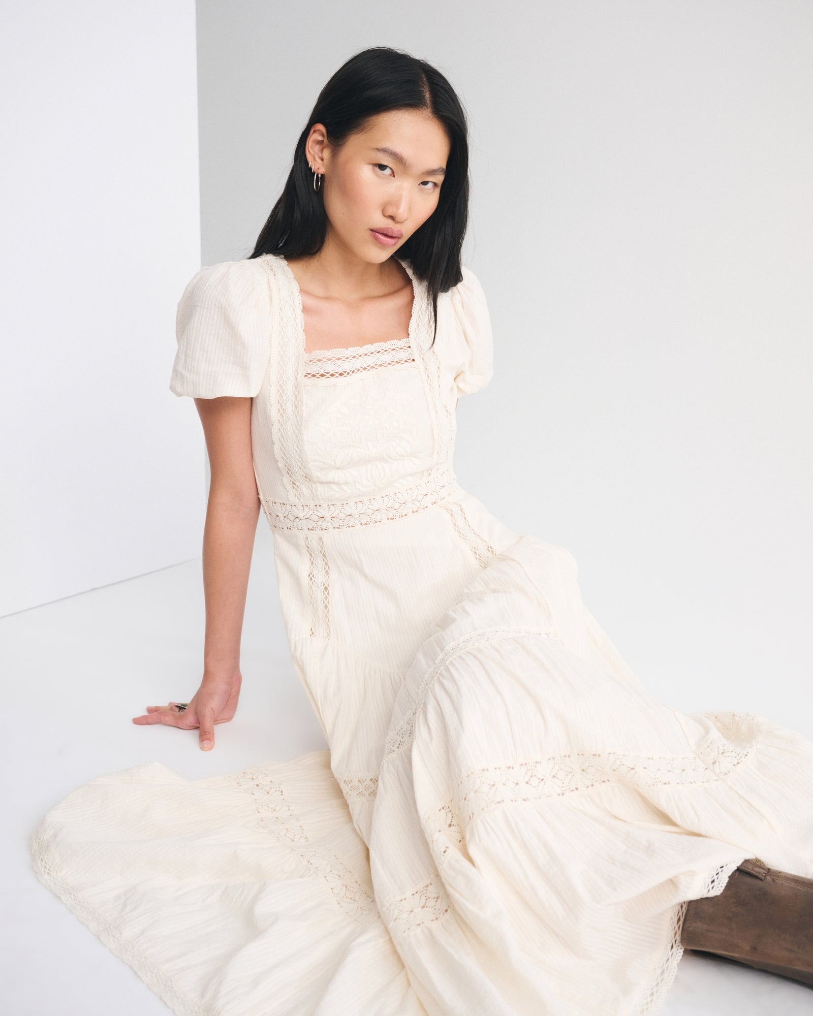Abercrombie Puff Sleeve Lace-Pieced Maxi Dress