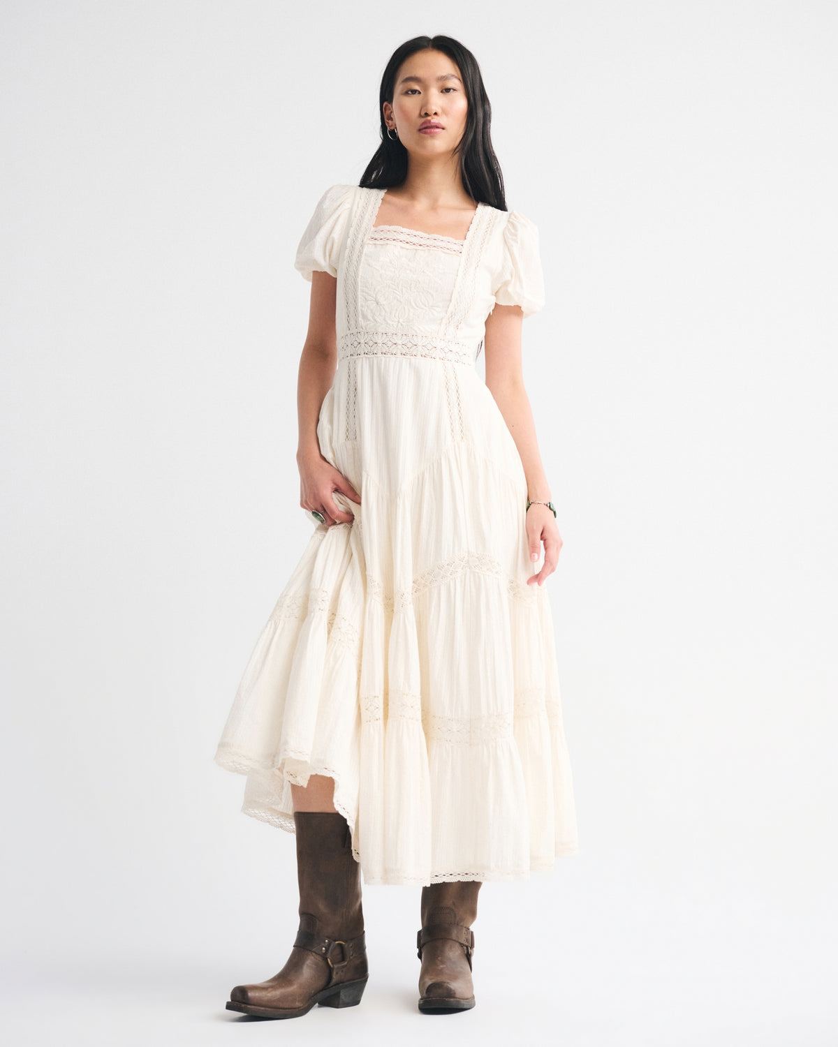 Abercrombie Puff Sleeve Lace-Pieced Maxi Dress